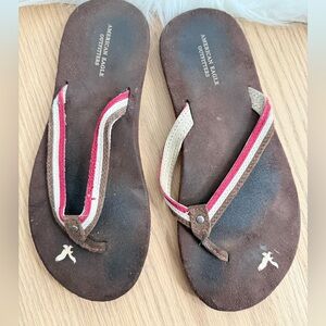 American Eagle Outfitters Brown Suede Sandal Flip Flops with Red & Cream Straps